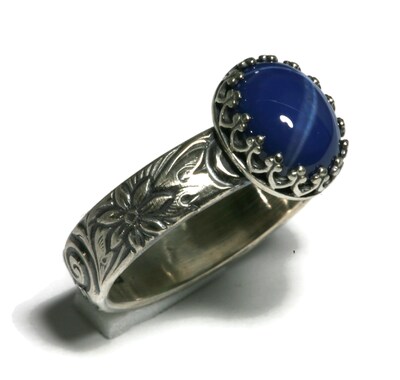 Lab Created Blue Star Sapphire 925 Antique Sterling Silver Rose and Daisy Crown Bezel Ring by Salish Sea Inspirations - image3